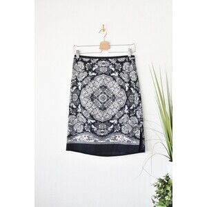 Loft Pencil Skirt Woman's XS Navy Paisley Silk Slit Career City
